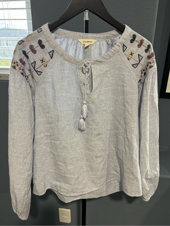 Lucky Brand Tops - Lucky Brand Light Blue Embroidered Tie-Neck Blouse